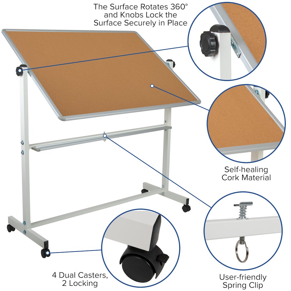 Reversible Mobile Cork Bulletin Board and White Board with Pen Tray, 53"W x 62.5"H. Picture 10