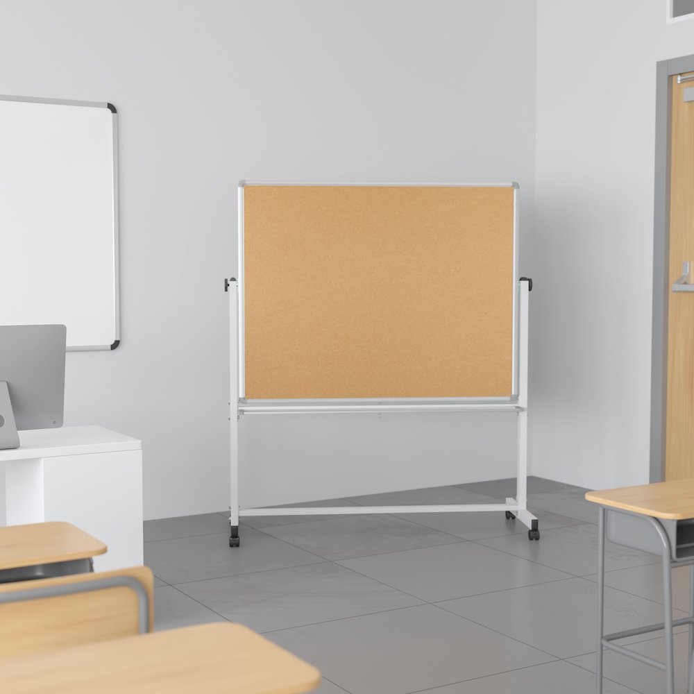 Reversible Mobile Cork Bulletin Board and White Board with Pen Tray, 53"W x 62.5"H. Picture 14