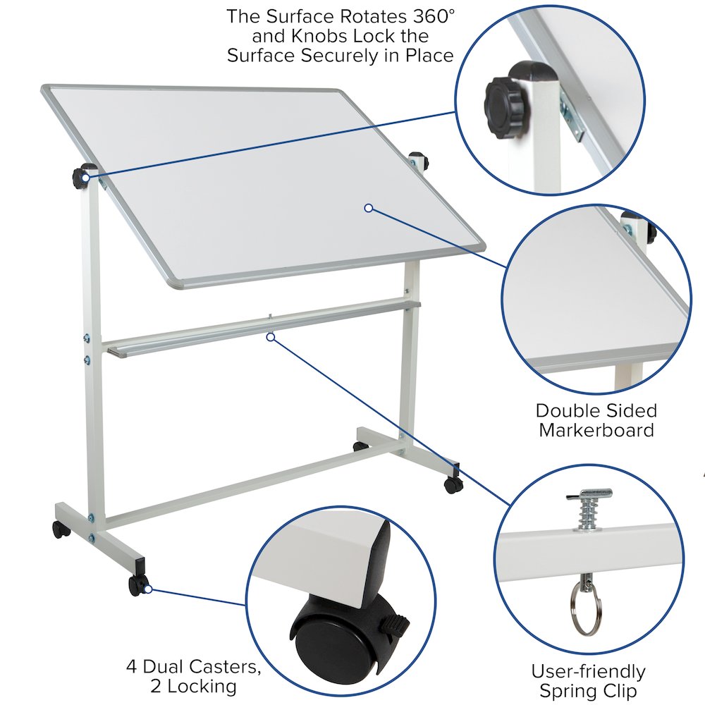 Double-Sided Mobile White Board with Pen Tray, 53"W x 62.5"H. Picture 5