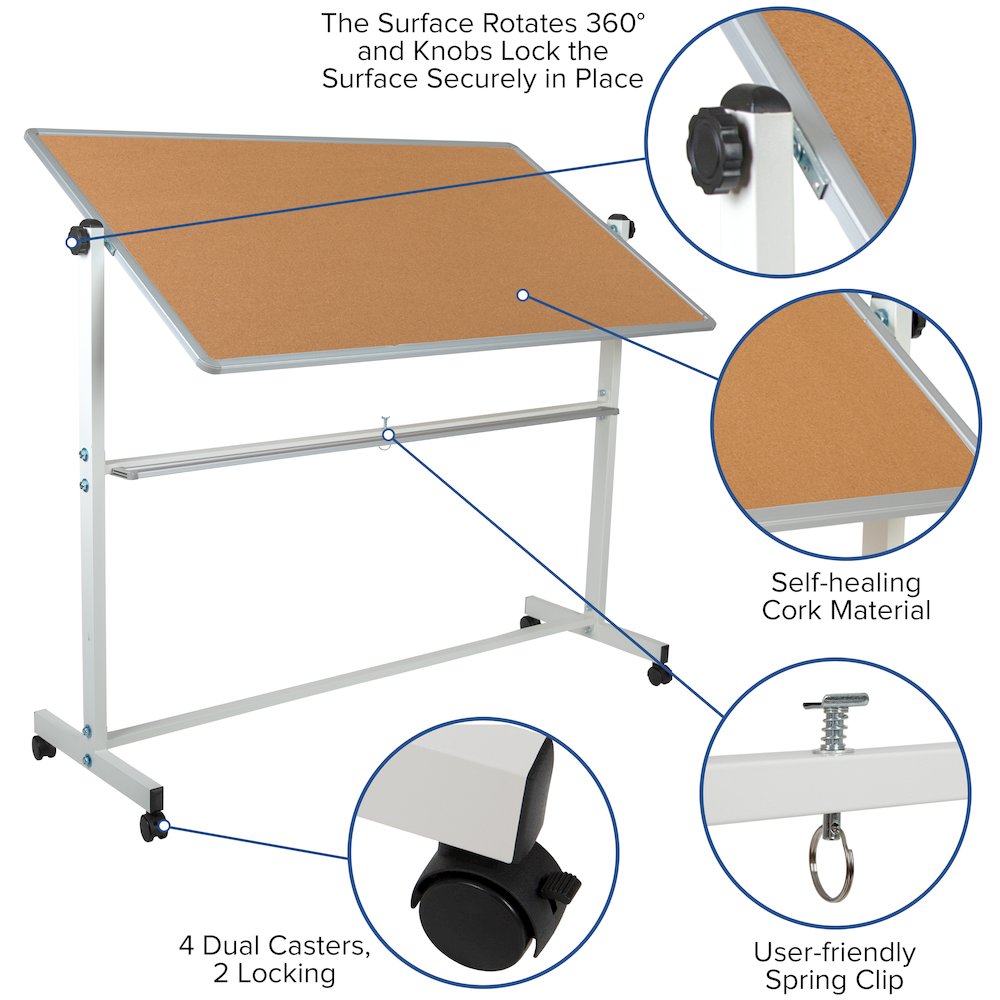 Reversible Mobile Cork Bulletin Board and White Board with Pen Tray, 62.5"W x 62.25"H. Picture 10