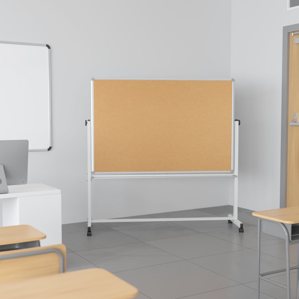 Reversible Mobile Cork Bulletin Board and White Board with Pen Tray, 62.5"W x 62.25"H. Picture 14