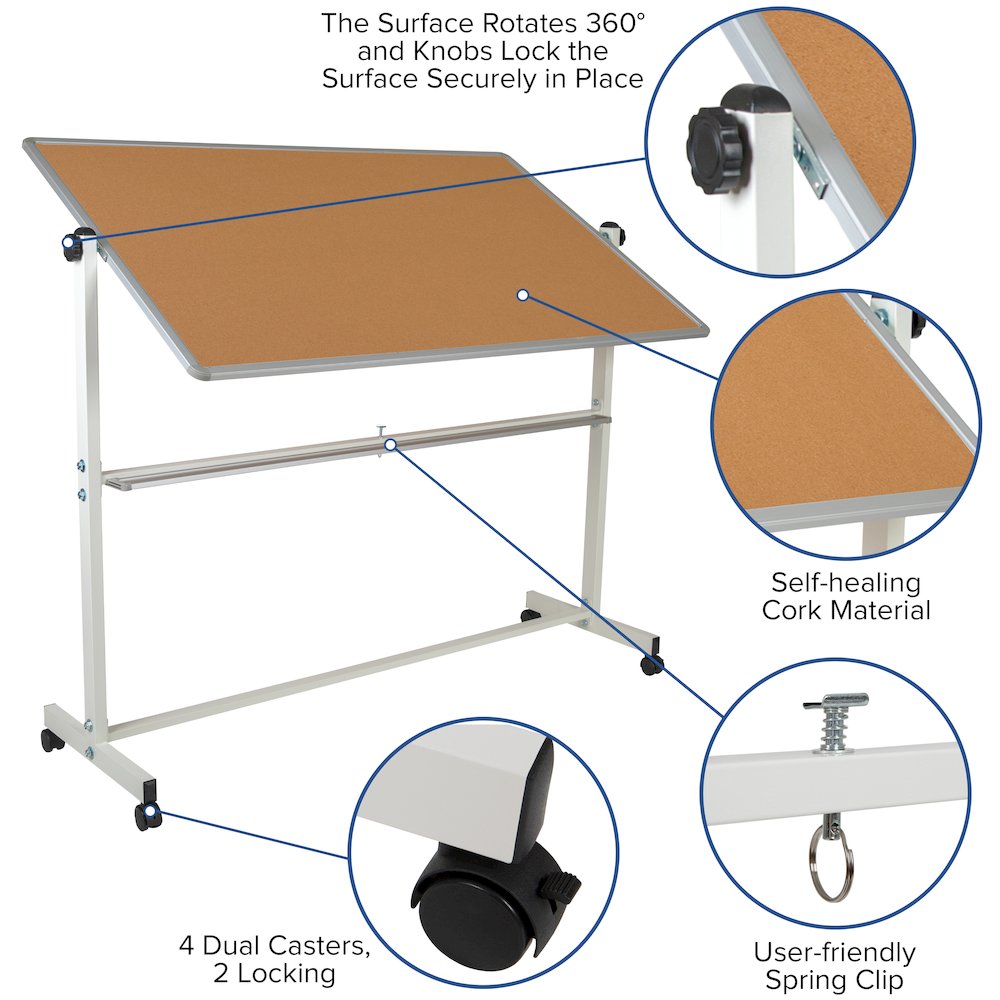 Reversible Mobile Cork Bulletin Board and White Board with Pen Tray, 64.25"W x 64.75"H. Picture 10