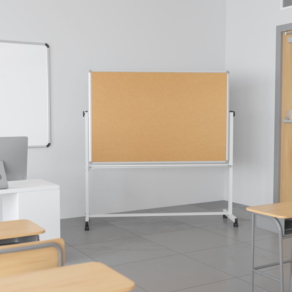 Reversible Mobile Cork Bulletin Board and White Board with Pen Tray, 64.25"W x 64.75"H. Picture 14