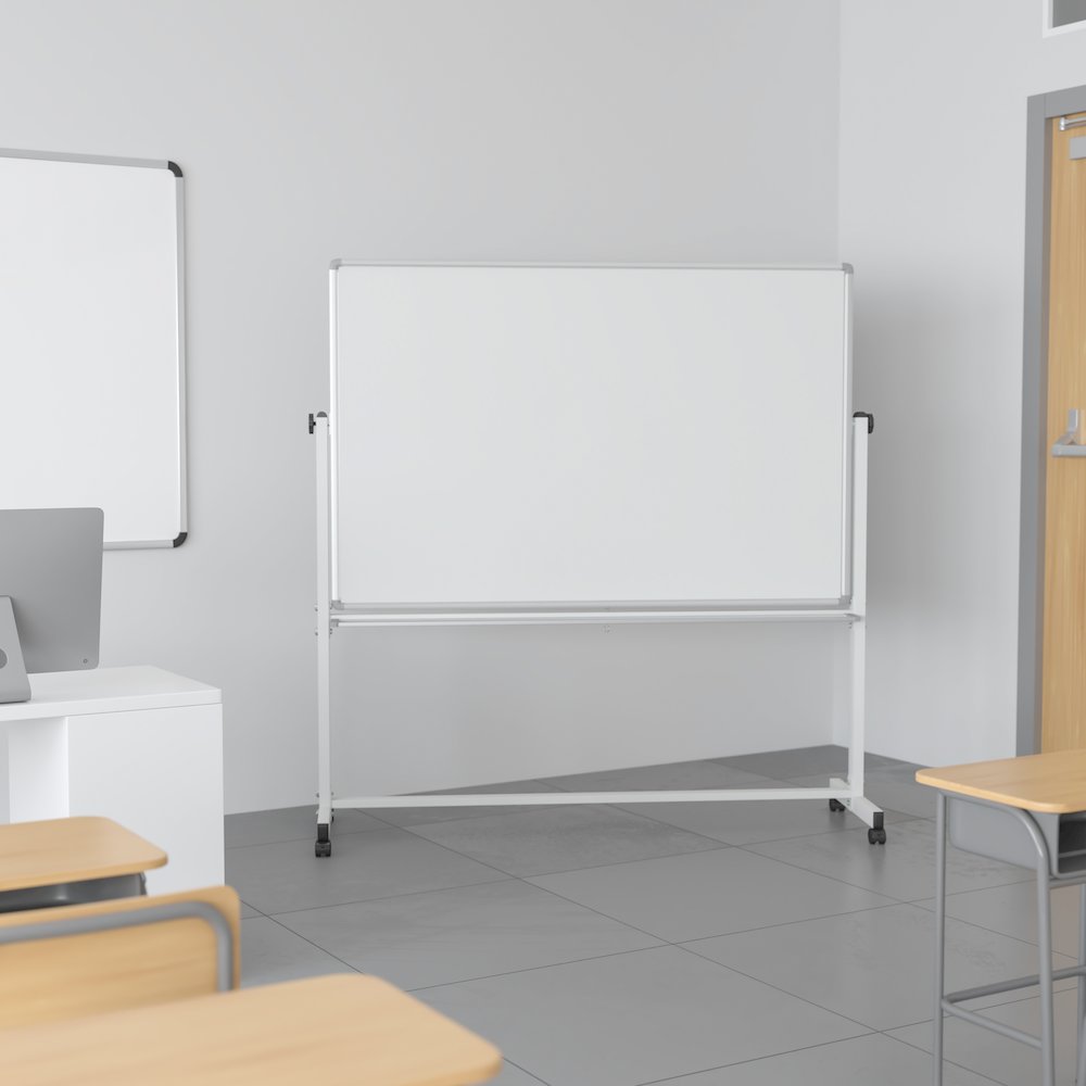 64.25"W x 64.75"H Double-Sided Mobile White Board with Pen Tray. Picture 2
