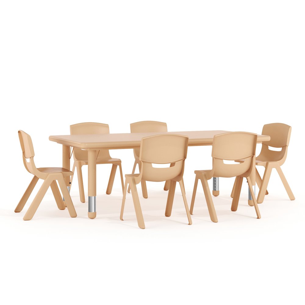 24"W x 48"L Rectangular Natural Plastic Height Adjustable Activity Table Set with 6 Chairs. Picture 1