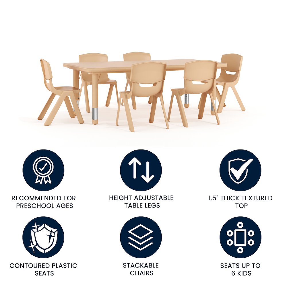 24"W x 48"L Natural Plastic Height Adjustable Activity Table Set with 6 Chairs. Picture 4