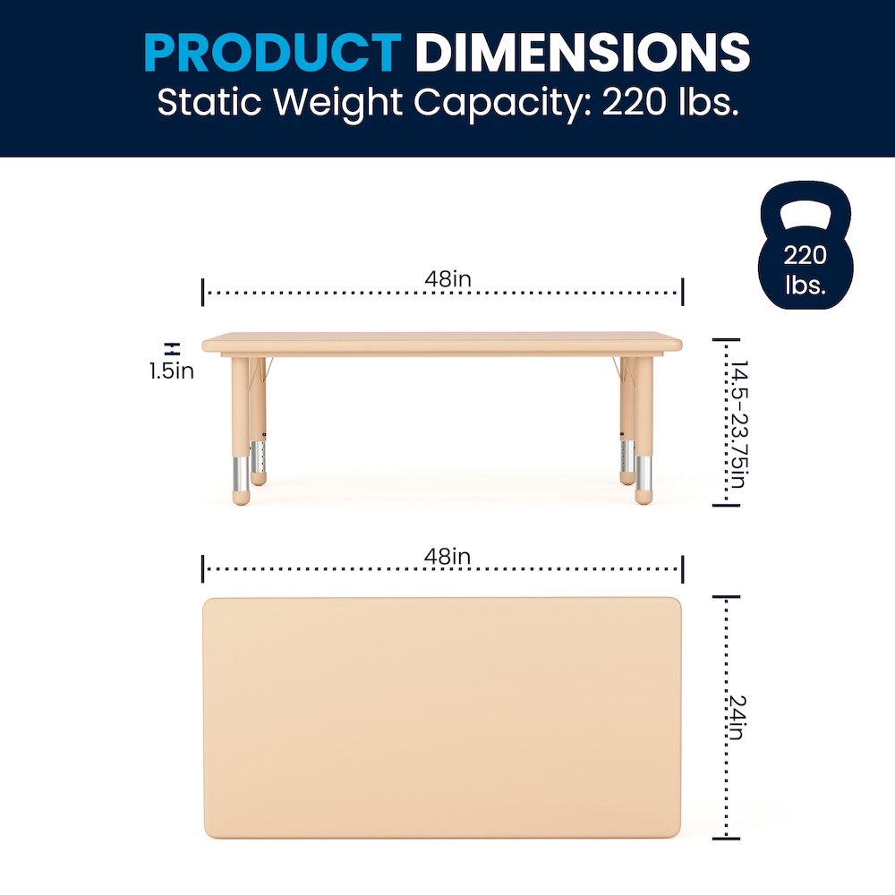 24"W x 48"L Rectangular Natural Plastic Height Adjustable Activity Table Set with 6 Chairs. Picture 2