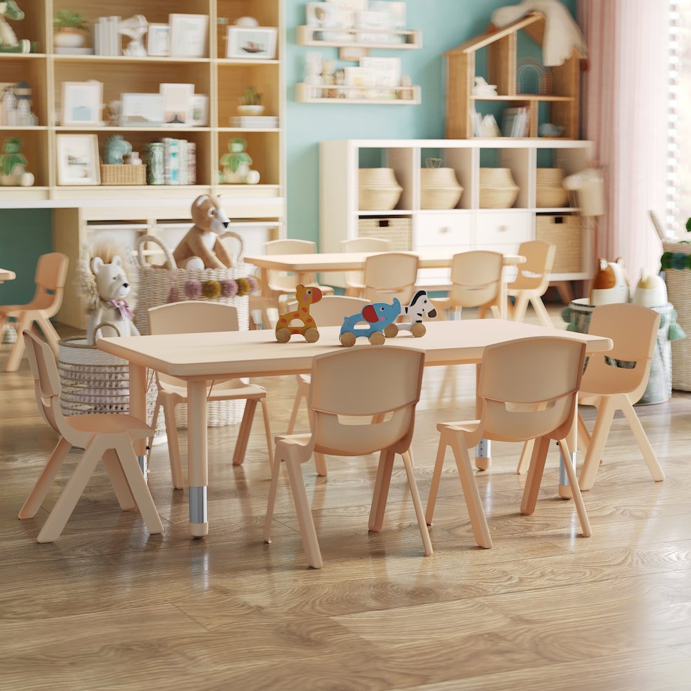 24"W x 48"L Rectangular Natural Plastic Height Adjustable Activity Table Set with 6 Chairs. Picture 8