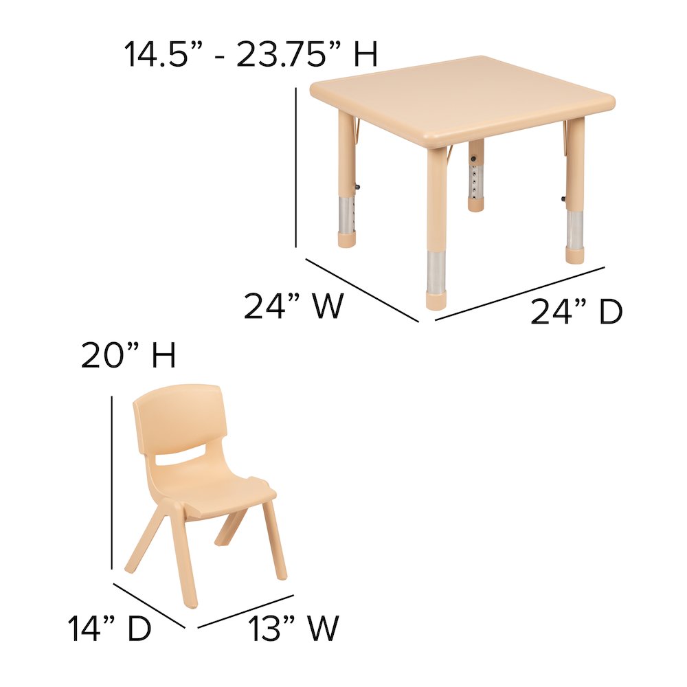 24" Square Natural Plastic Height Adjustable Activity Table Set with 4 Chairs. Picture 6