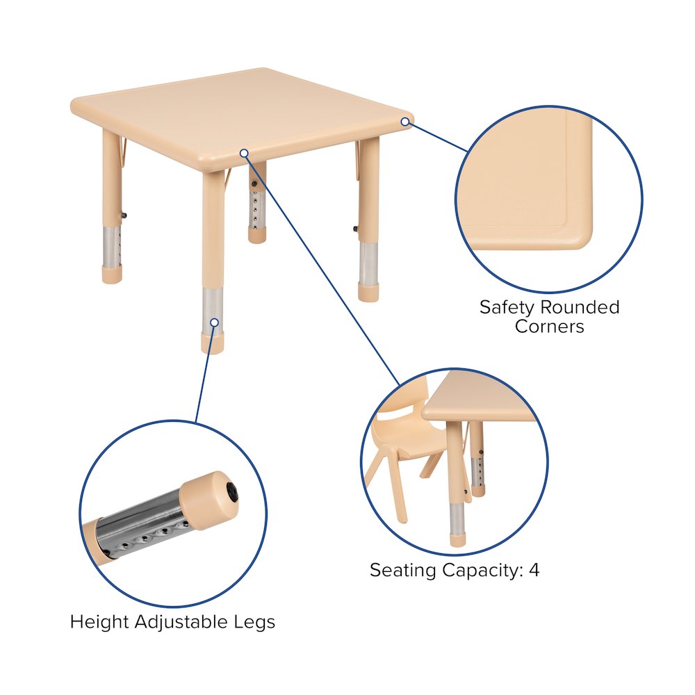 24" Square Natural Plastic Height Adjustable Activity Table Set with 4 Chairs. Picture 5
