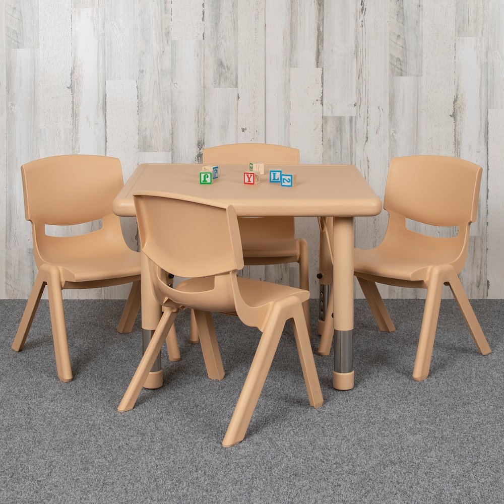 24" Square Natural Plastic Height Adjustable Activity Table Set with 4 Chairs. Picture 2