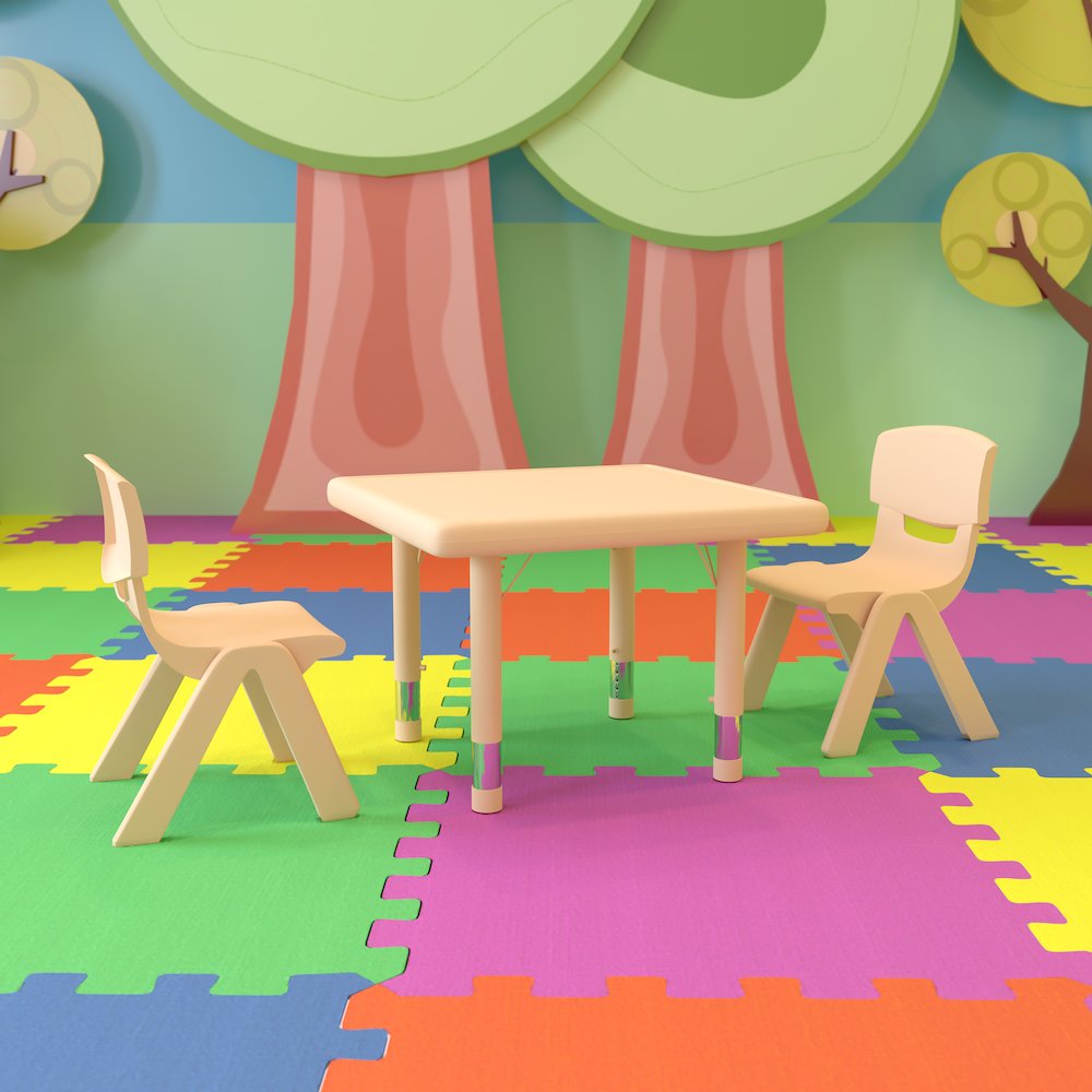 24" Square Natural Plastic Height Adjustable Activity Table Set with 2 Chairs. Picture 2