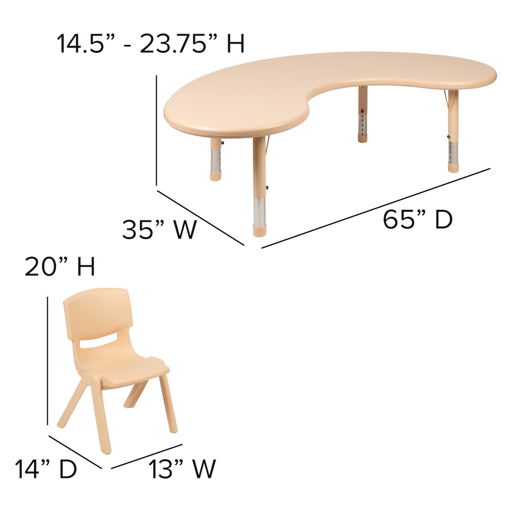 35"W x 65"L Half-Moon Natural Plastic Height Adjustable Activity Table Set with 4 Chairs. Picture 2