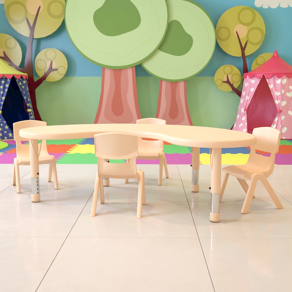 35"W x 65"L Half-Moon Natural Plastic Height Adjustable Activity Table Set with 4 Chairs. Picture 8