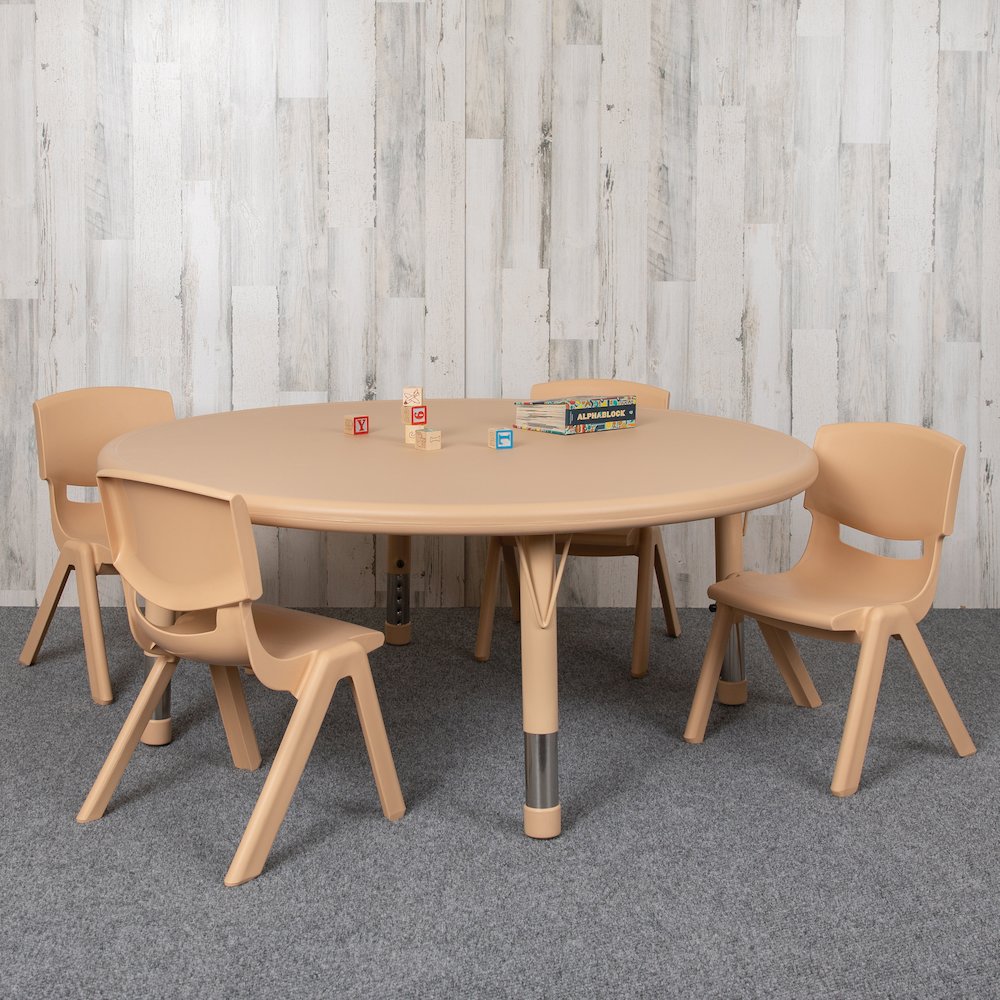 45" Round Natural Plastic Height Adjustable Activity Table Set with 4 Chairs. Picture 2
