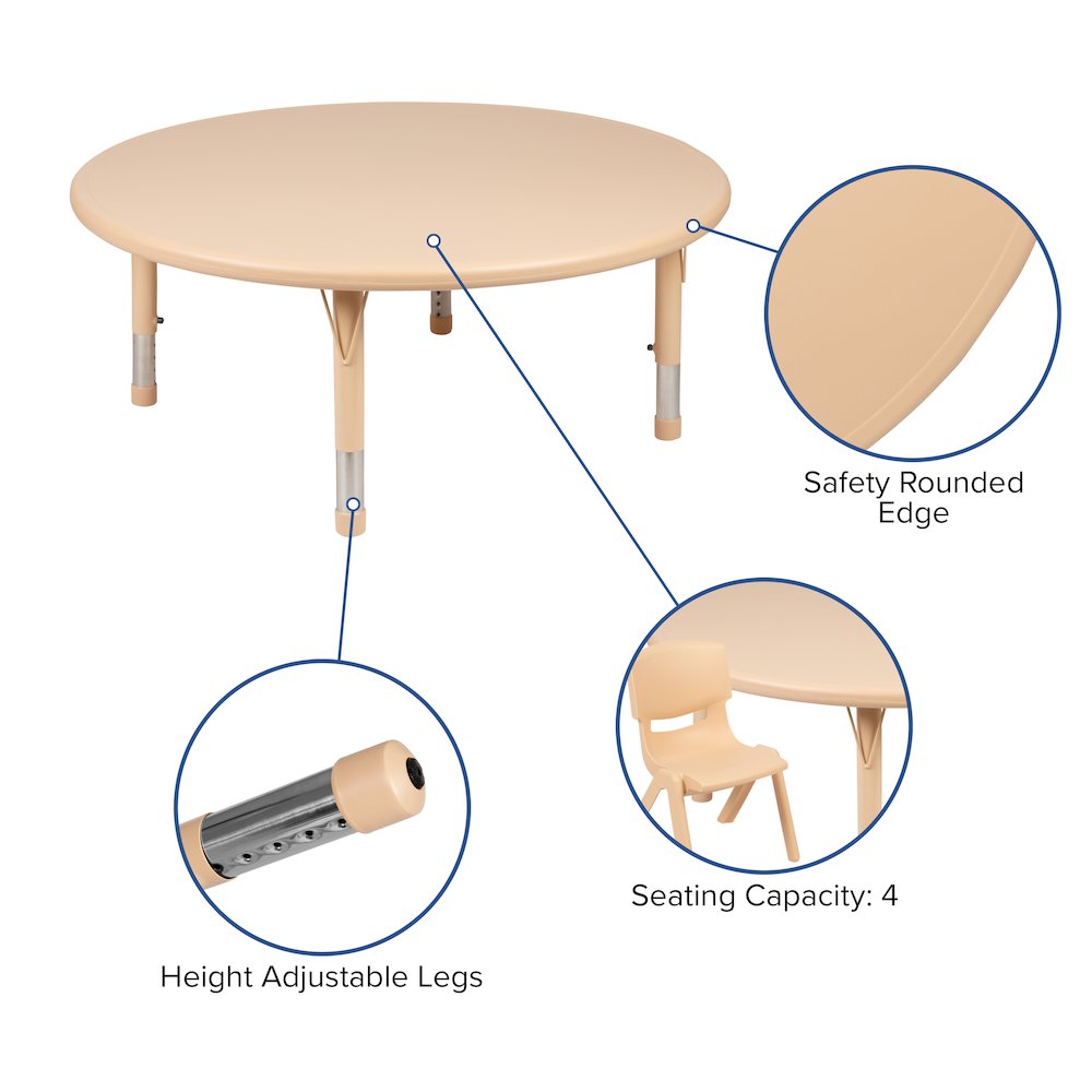 45" Round Natural Plastic Height Adjustable Activity Table Set with 2 Chairs. Picture 7
