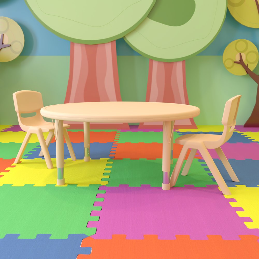 45" Round Natural Plastic Height Adjustable Activity Table Set with 2 Chairs. Picture 8