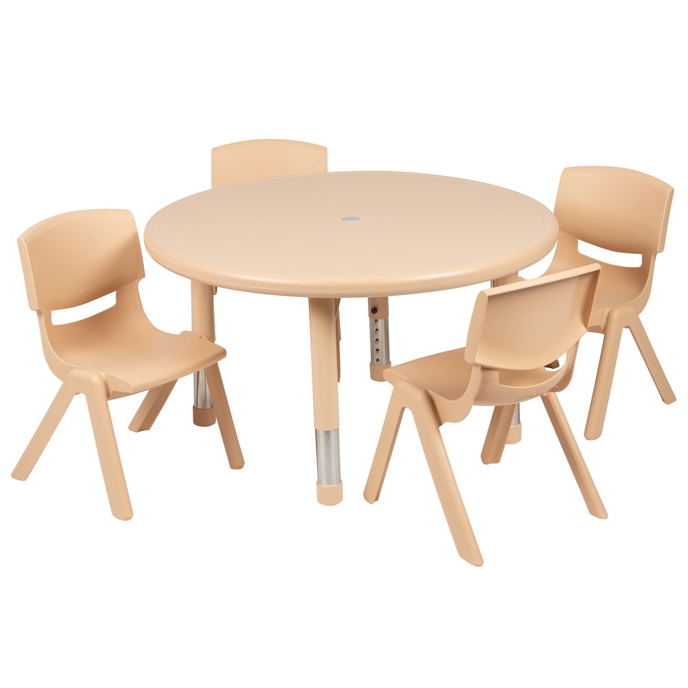 33" Round Natural Plastic Height Adjustable Activity Table Set with 4 Chairs. Picture 1