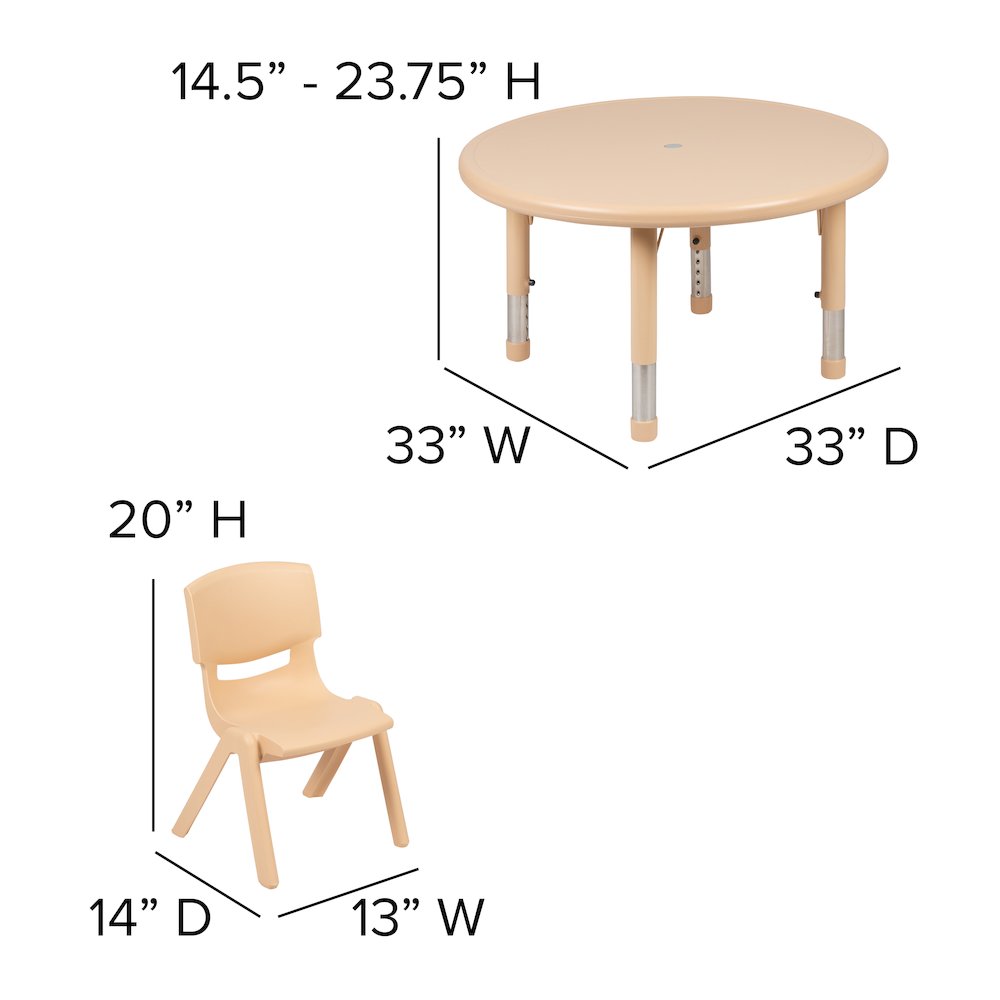 33" Round Natural Plastic Height Adjustable Activity Table Set with 4 Chairs. Picture 2