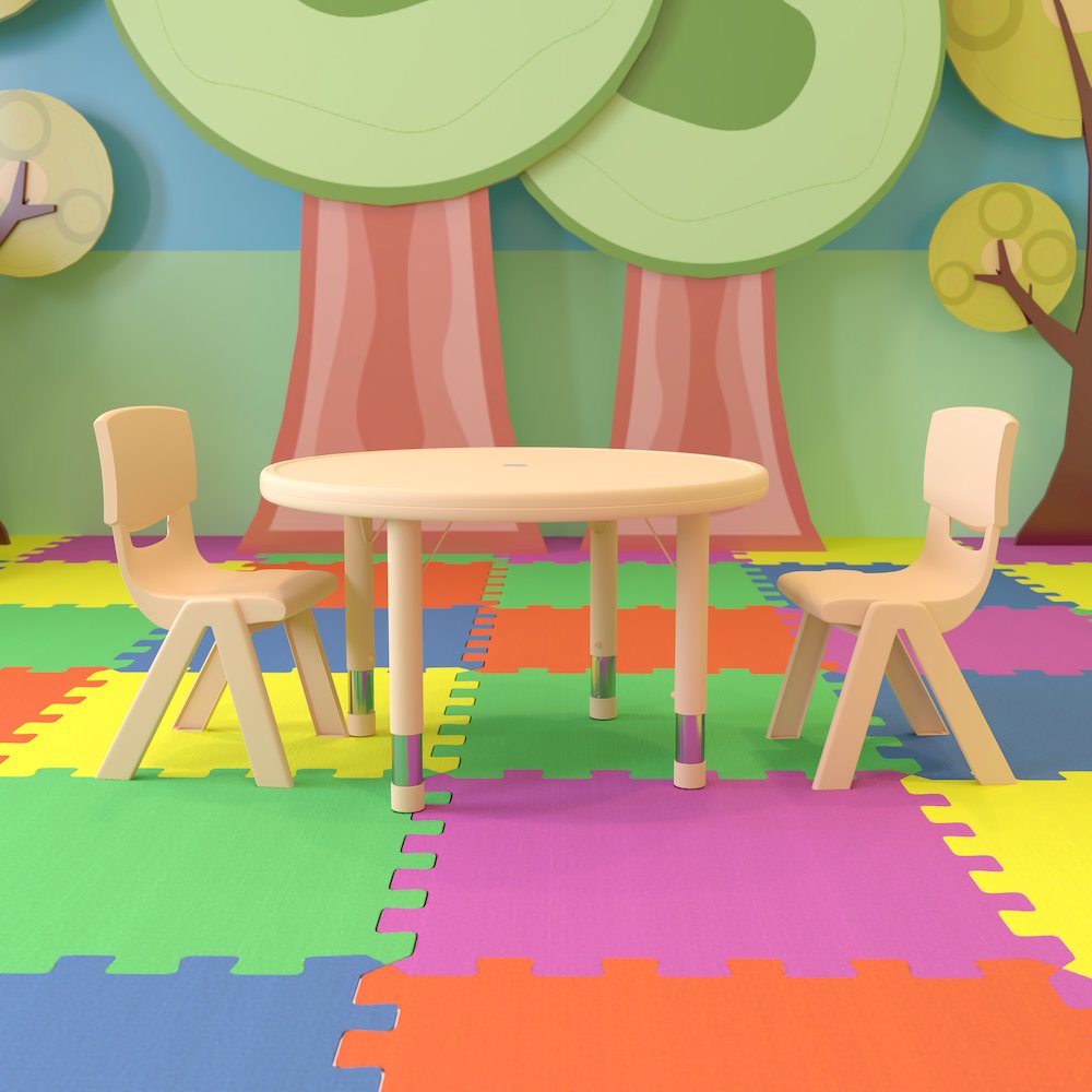 33" Round Natural Plastic Height Adjustable Activity Table Set with 2 Chairs. Picture 2