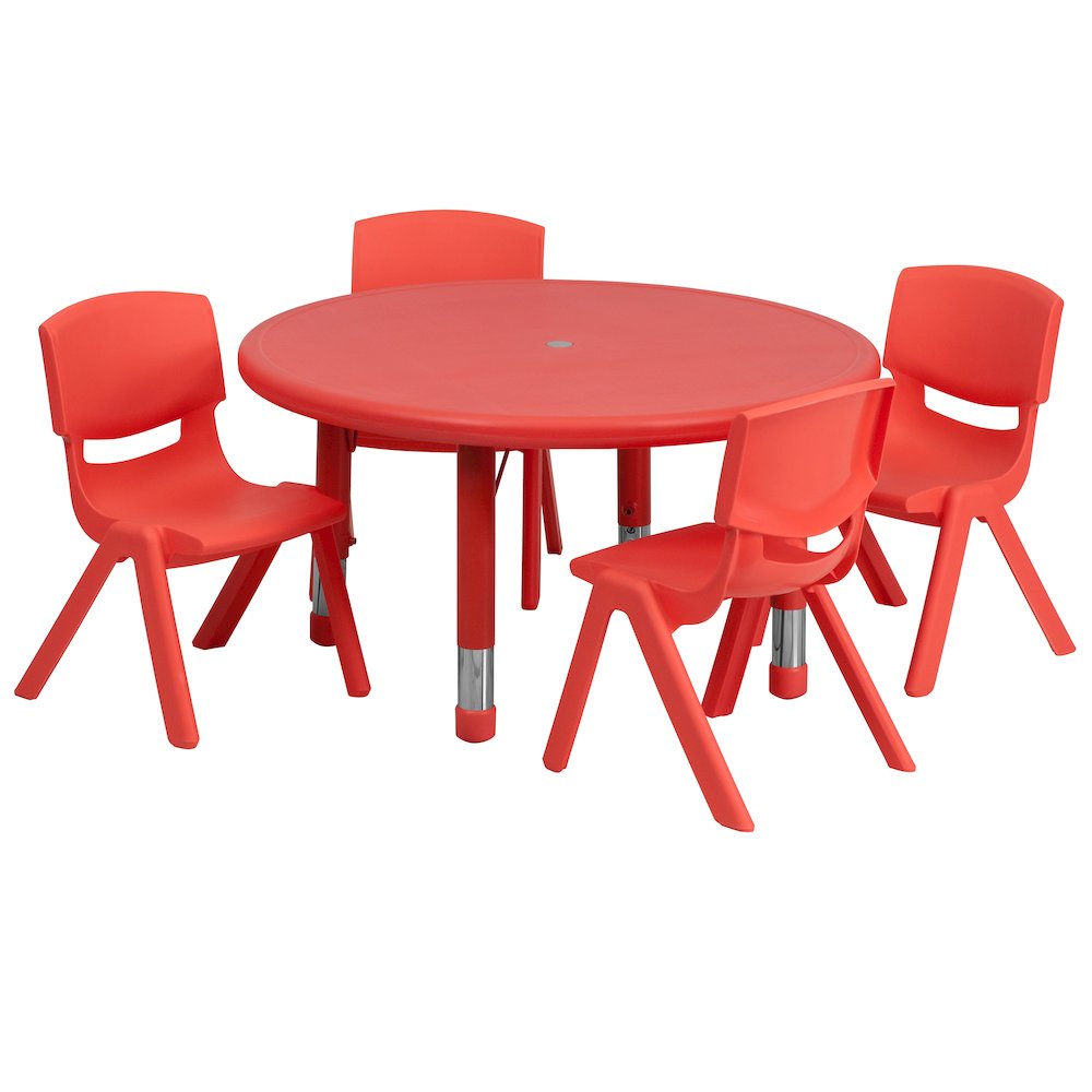 33'' Round Red Plastic Height Adjustable Activity Table Set with 4 Chairs. Picture 1