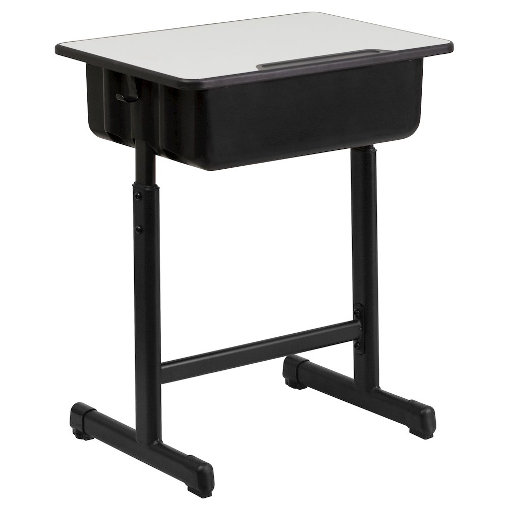 Student Desk with Grey Top and Adjustable Height Black Pedestal Frame. Picture 1