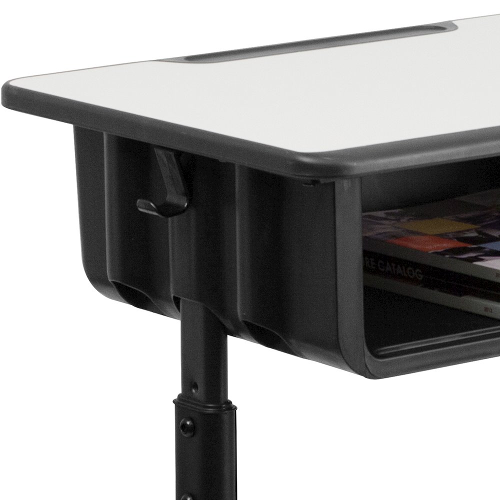 Student Desk with Grey Top and Adjustable Height Black Pedestal Frame. Picture 11