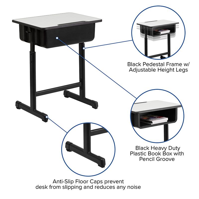 Student Desk with Grey Top and Adjustable Height Black Pedestal Frame. Picture 5