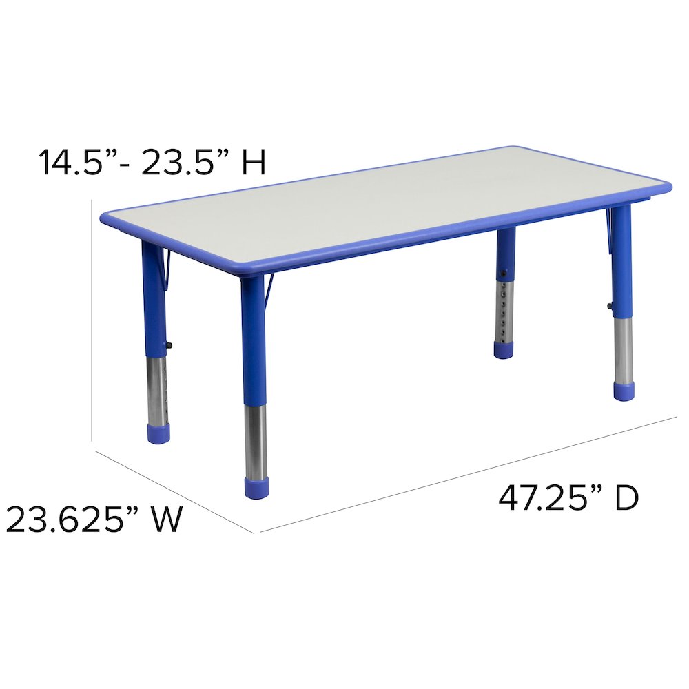 23.625''W x 47.25''L Blue Plastic Height Activity Table Set with 4 Chairs. Picture 5