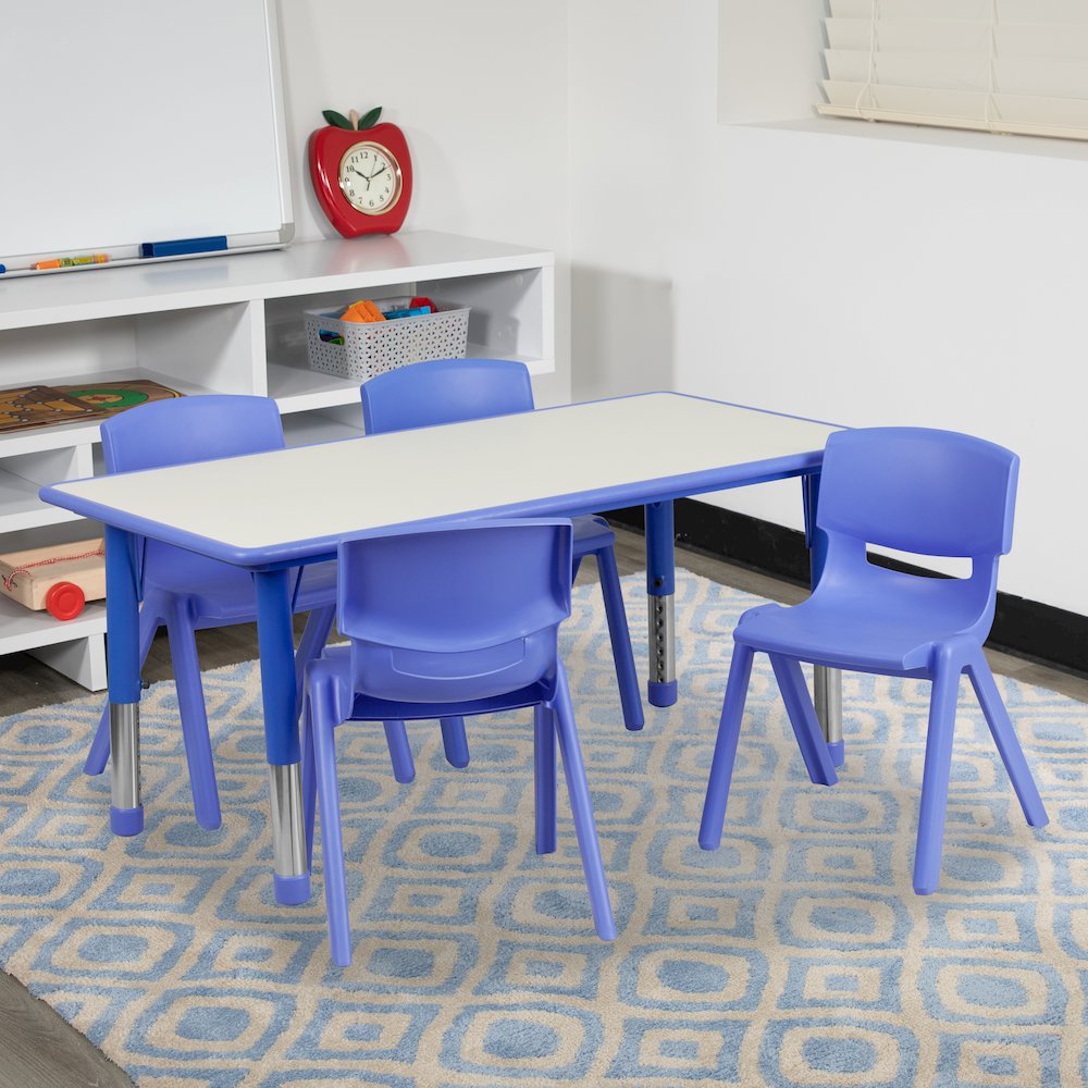 23.625''W x 47.25''L Blue Plastic Height Activity Table Set with 4 Chairs. Picture 2