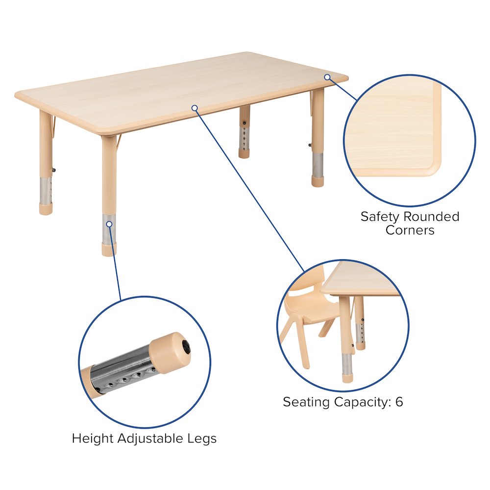 23.625"W x 47.25"L Rectangular Natural Plastic Height Adjustable Activity Table Set with 4 Chairs. Picture 7