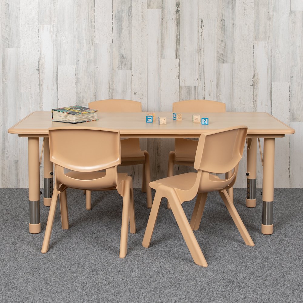 23.625"W x 47.25"L Rectangular Natural Plastic Height Adjustable Activity Table Set with 4 Chairs. Picture 8