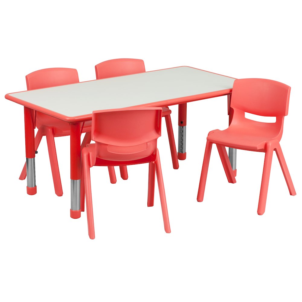 23.625''W x 47.25''L Red Plastic Height Activity Table Set with 4 Chairs. Picture 1