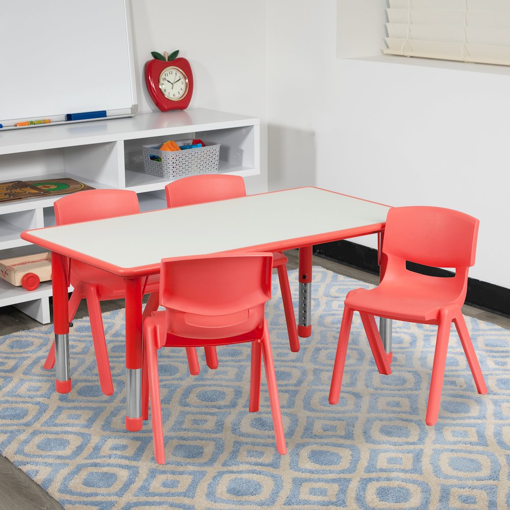 23.625''W x 47.25''L Red Plastic Height Activity Table Set with 4 Chairs. Picture 2