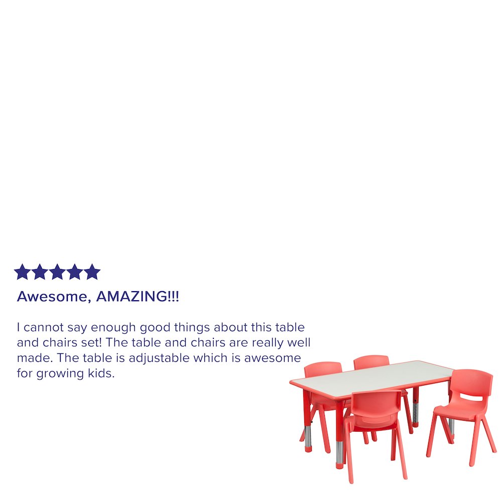 23.625''W x 47.25''L Red Plastic Height Activity Table Set with 4 Chairs. Picture 4