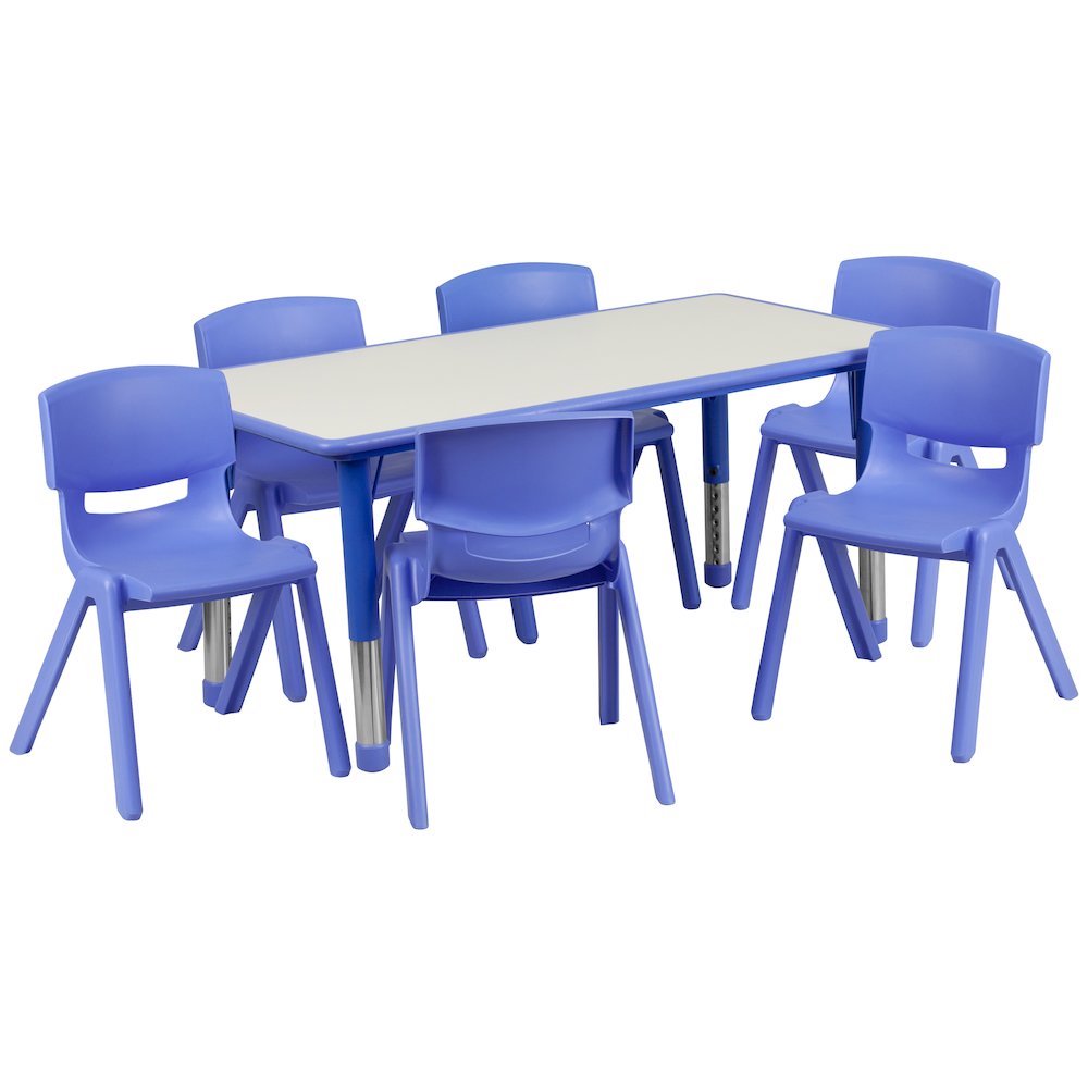 23.625''W x 47.25''L Blue Plastic Height Activity Table Set with 6 Chairs. Picture 1