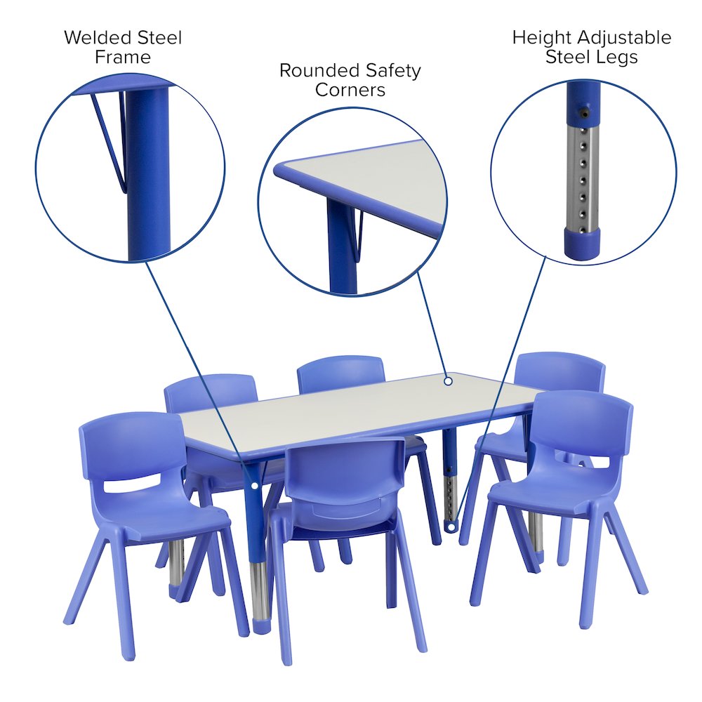 23.625''W x 47.25''L Blue Plastic Height Activity Table Set with 6 Chairs. Picture 4