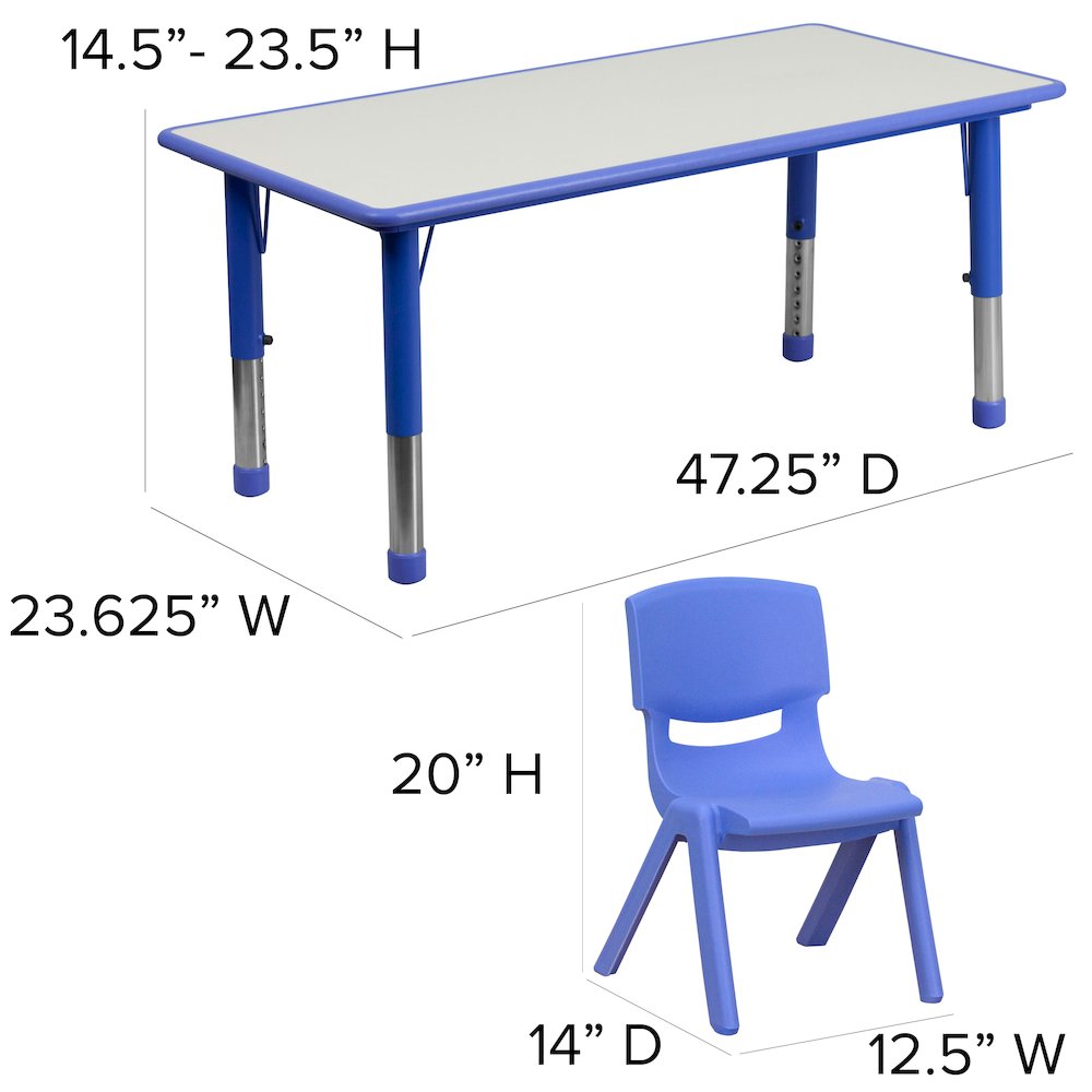 23.625''W x 47.25''L Blue Plastic Height Activity Table Set with 6 Chairs. Picture 5