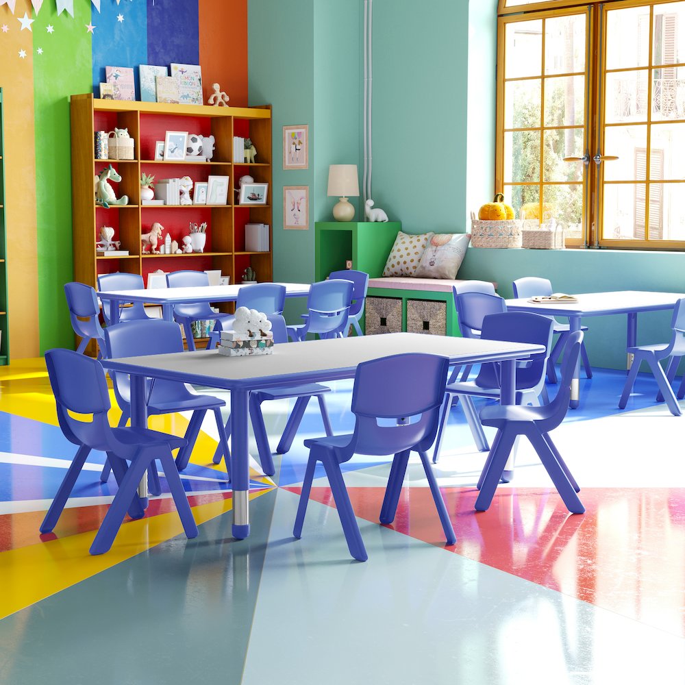 23.625''W x 47.25''L Blue Plastic Height Activity Table Set with 6 Chairs. Picture 2