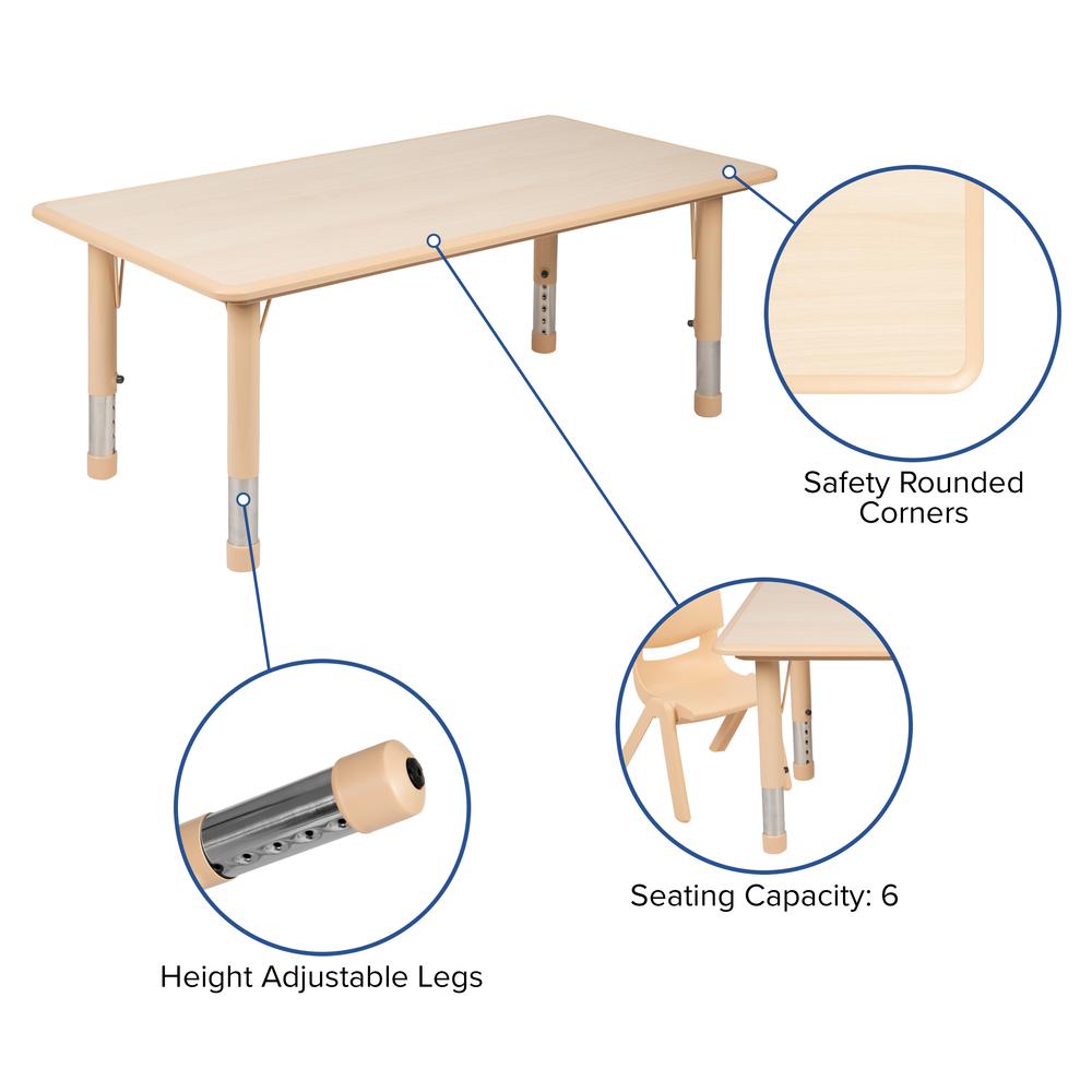 23.625"W x 47.25"L Rectangular Natural Plastic Height Adjustable Activity Table Set with 6 Chairs. Picture 7