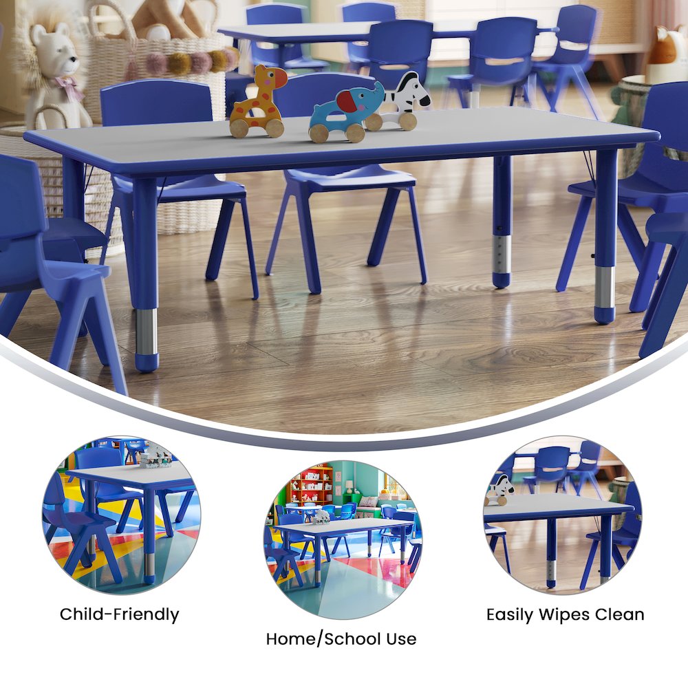 23.625''W x 47.25''L Blue Plastic Height Adjustable Activity Table with Grey Top. Picture 5