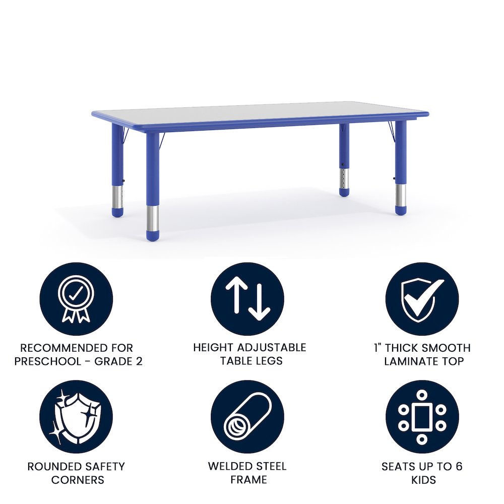 23.625''W x 47.25''L Blue Plastic Height Adjustable Activity Table with Grey Top. Picture 4