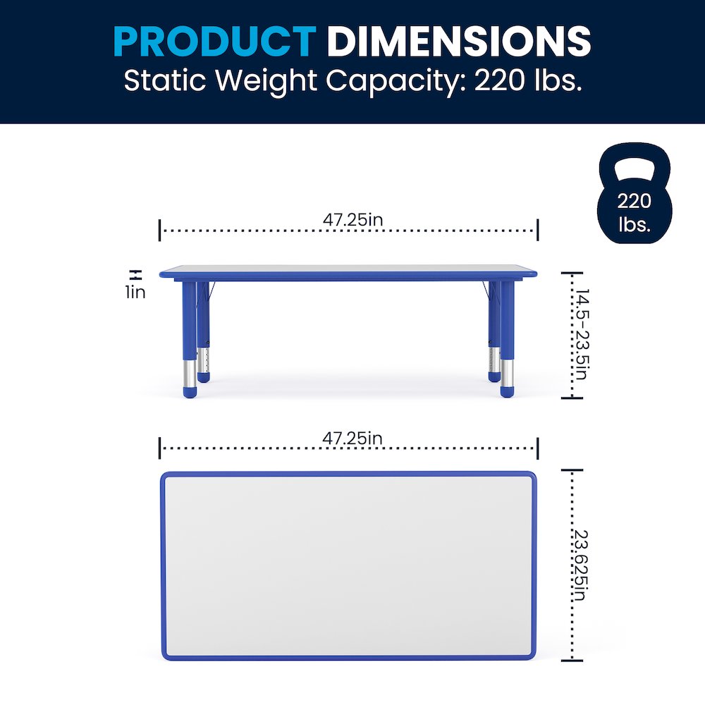 23.625''W x 47.25''L Blue Plastic Height Adjustable Activity Table with Grey Top. Picture 7