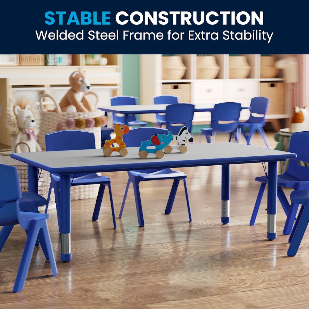 23.625''W x 47.25''L Blue Plastic Height Adjustable Activity Table with Grey Top. Picture 8