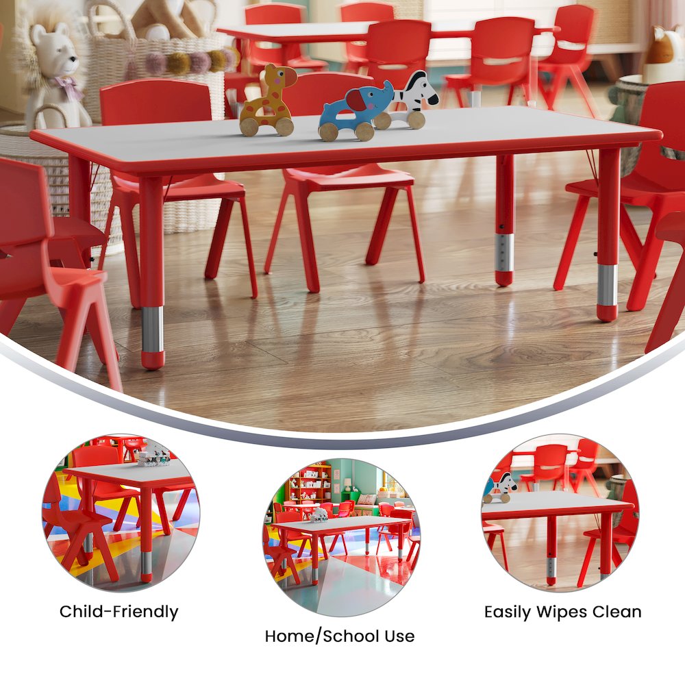 23.625''W x 47.25''L Red Plastic Height Adjustable Activity Table with Grey Top. Picture 5