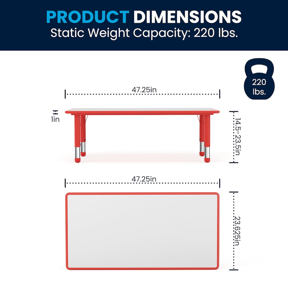 23.625''W x 47.25''L Red Plastic Height Adjustable Activity Table with Grey Top. Picture 7