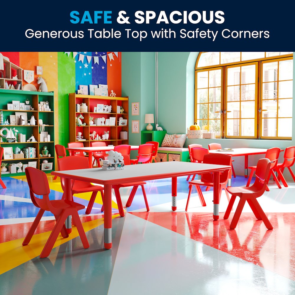 23.625''W x 47.25''L Red Plastic Height Adjustable Activity Table with Grey Top. Picture 2