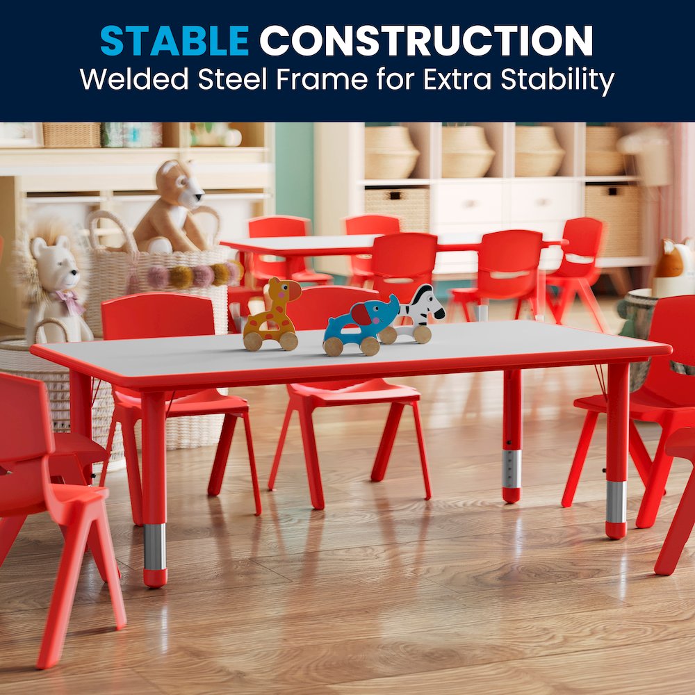 23.625''W x 47.25''L Red Plastic Height Adjustable Activity Table with Grey Top. Picture 8