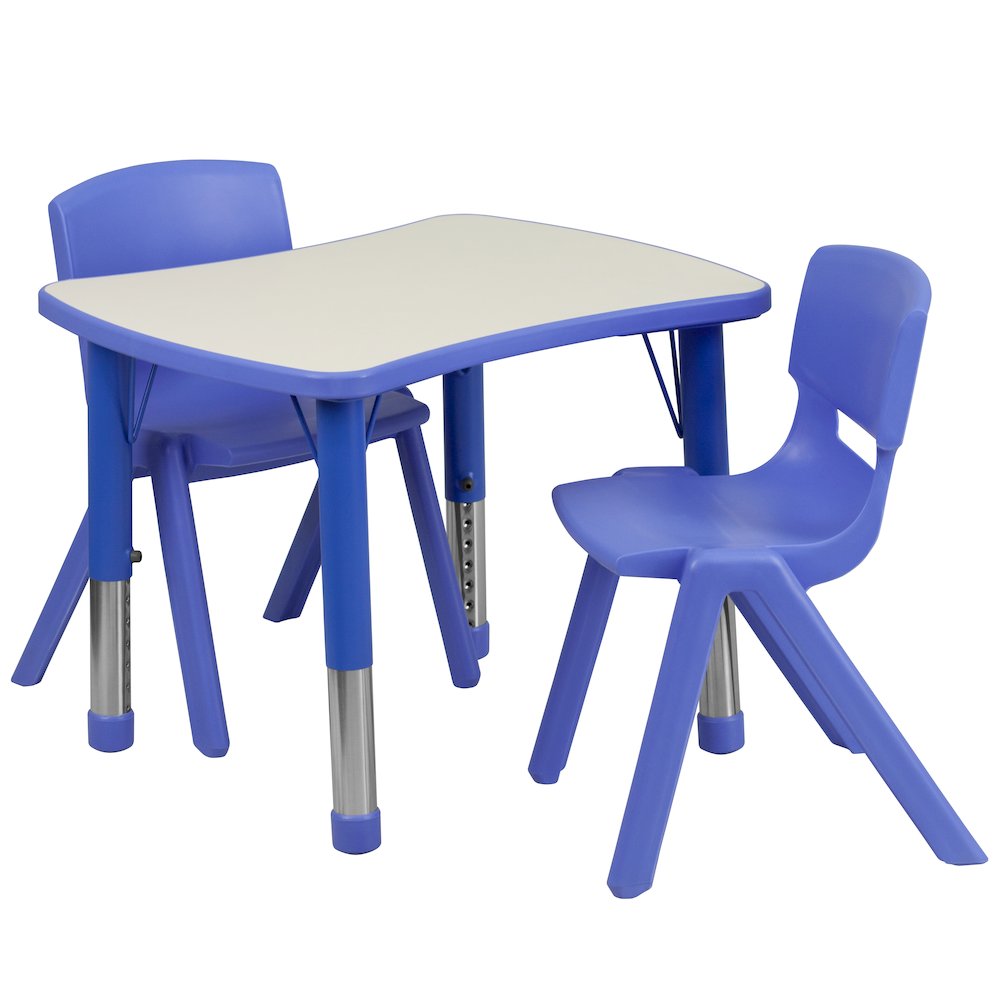 21.875''W x 26.625''L Rectangular Blue Plastic Height Adjustable Activity Table Set with 2 Chairs. Picture 1