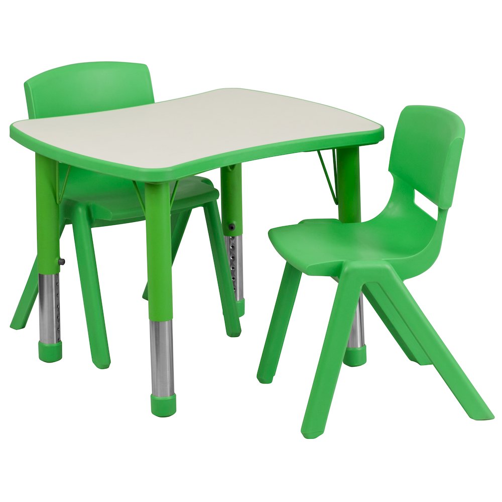 21.875''W x 26.625''L Rectangular Green Plastic Height Adjustable Activity Table Set with 2 Chairs. Picture 1